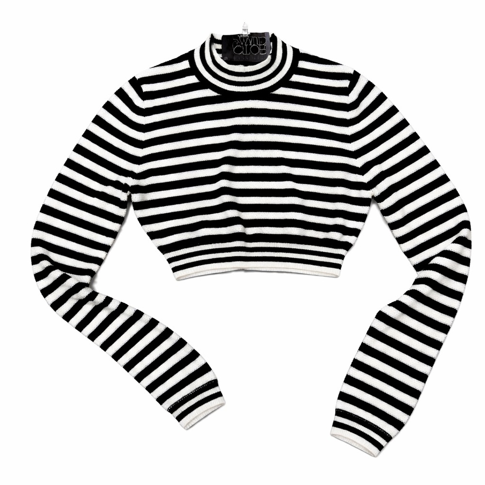 Victoria Glemaud Striped Cropped Knit Sweater Black White Size M